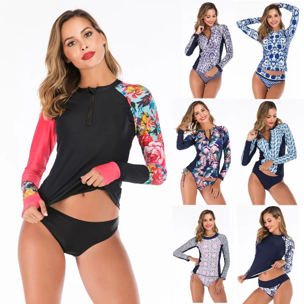 

Two Piece Rashguard Women Long Sleeve Swimwear Floral Print Surf Wear Plus Size Tankini Swimsuit Shorts Diving Shirt Rash Guards