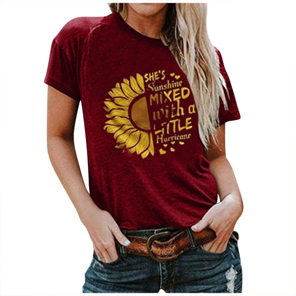 

Summer Fashion Women's Casual O-Neck Sunflower Printing Short Sleeve Slim Tee T-Shirt Ropa Mujer Vetement Femme