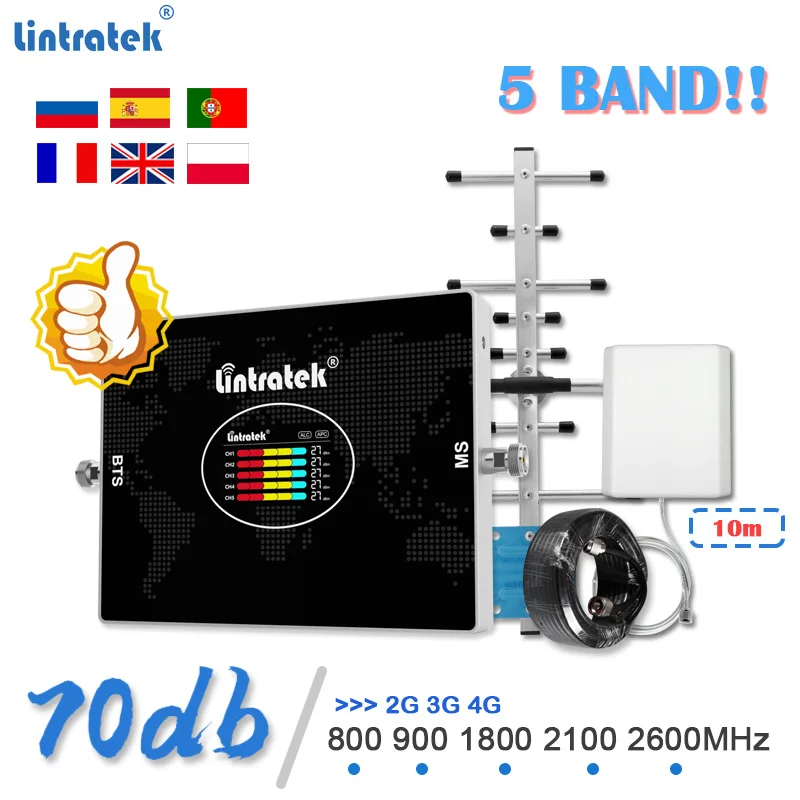 Усилитель сигнала Lintratek Five 5Band для сотовых сетей 4G 800 2G GSM B8 900, ретранслятор 3G WCDMA B1 2100, LTE B3 1800 B7 2600 МГц.