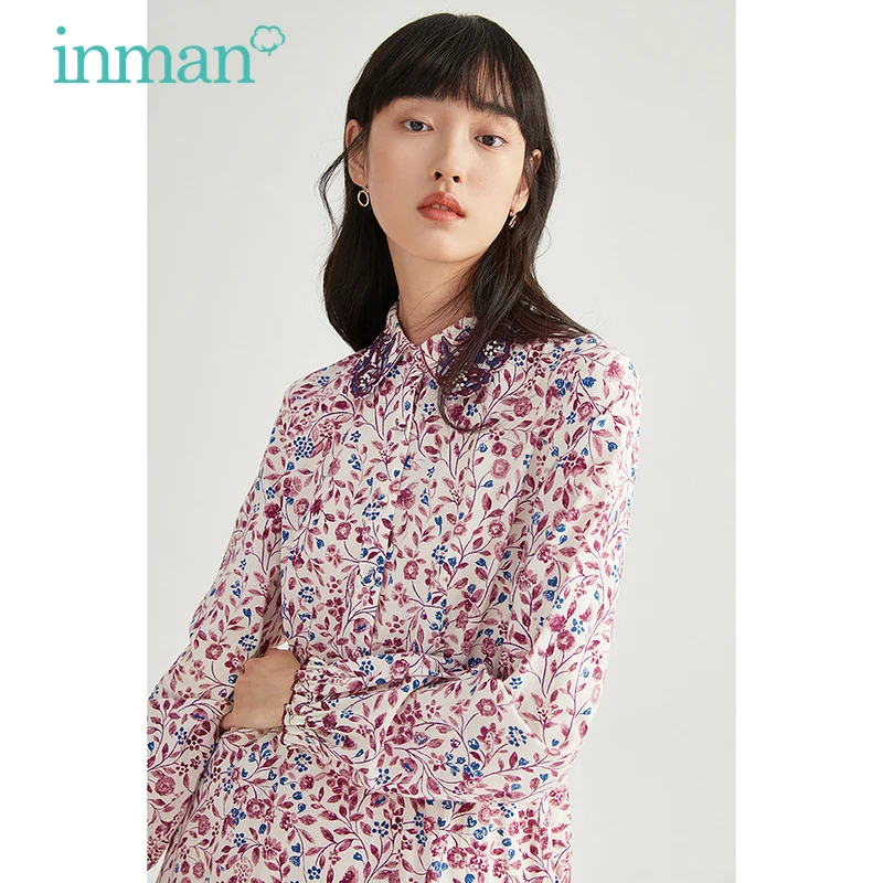 INMAN Women's Dress Spring Autumn Pastoral Sweet  Floral Embroidered Lapel Long Sleeve A-line One-Piece