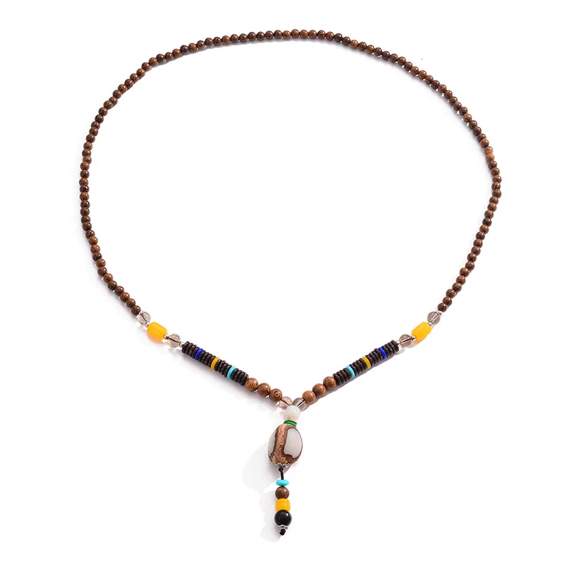 

Retro Tang Suit Clothes Decoration Accessories Wooden Bead Bodhi Long Bead Necklace Sweater Chain Colorful Stone Pendant