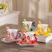 3d peacock ceramic coffee mug saucer spoon valentines day pair cup european style tea cups and saucer sets turkish coffee cups