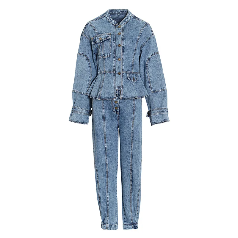

SeeBeautiful Denim Two Pieces Stand Collar Long Sleeve Coat Lace Up Jeans Loose Woman Autumn Winter 2021 New Fashion SetsT641