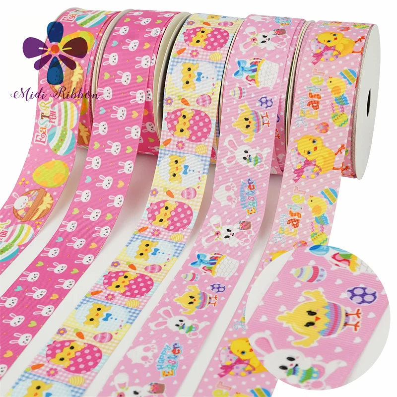 

16mm-75mm Cartoon Duck Hen Cock Printed Grosgrain/Foe Ribbon Flower Happy Easter Day DIY Hair Bowknots 50yards/roll