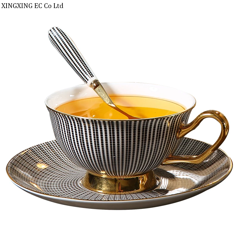 High Quality Bone China Coffee Cup Creative Silver Grey Striped Phnom Penh Tea Set Romantic Afternoon Flower Saucer | Дом и сад