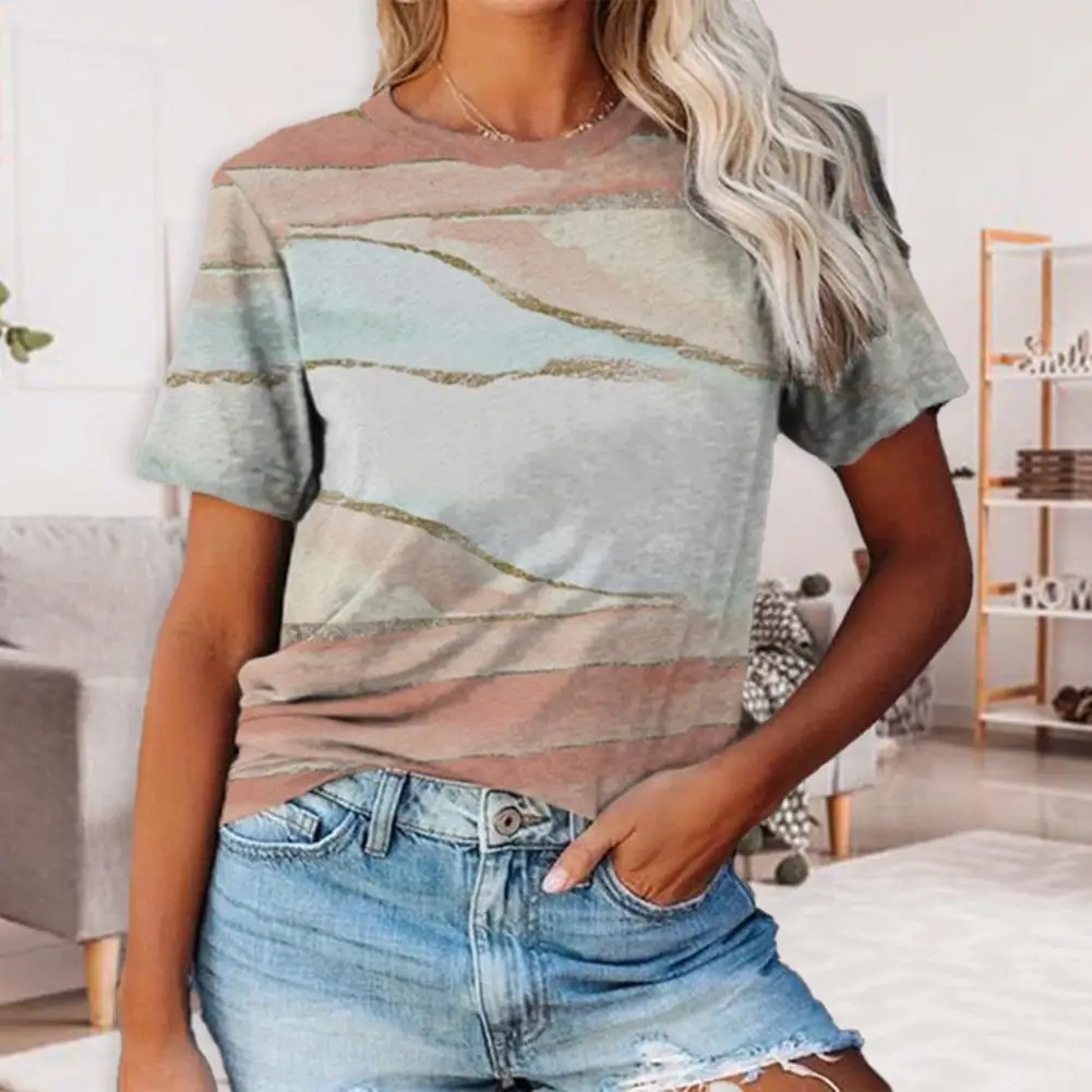 Женская блузка с цветным блочным принтом летняя футболка круглым вырезом и