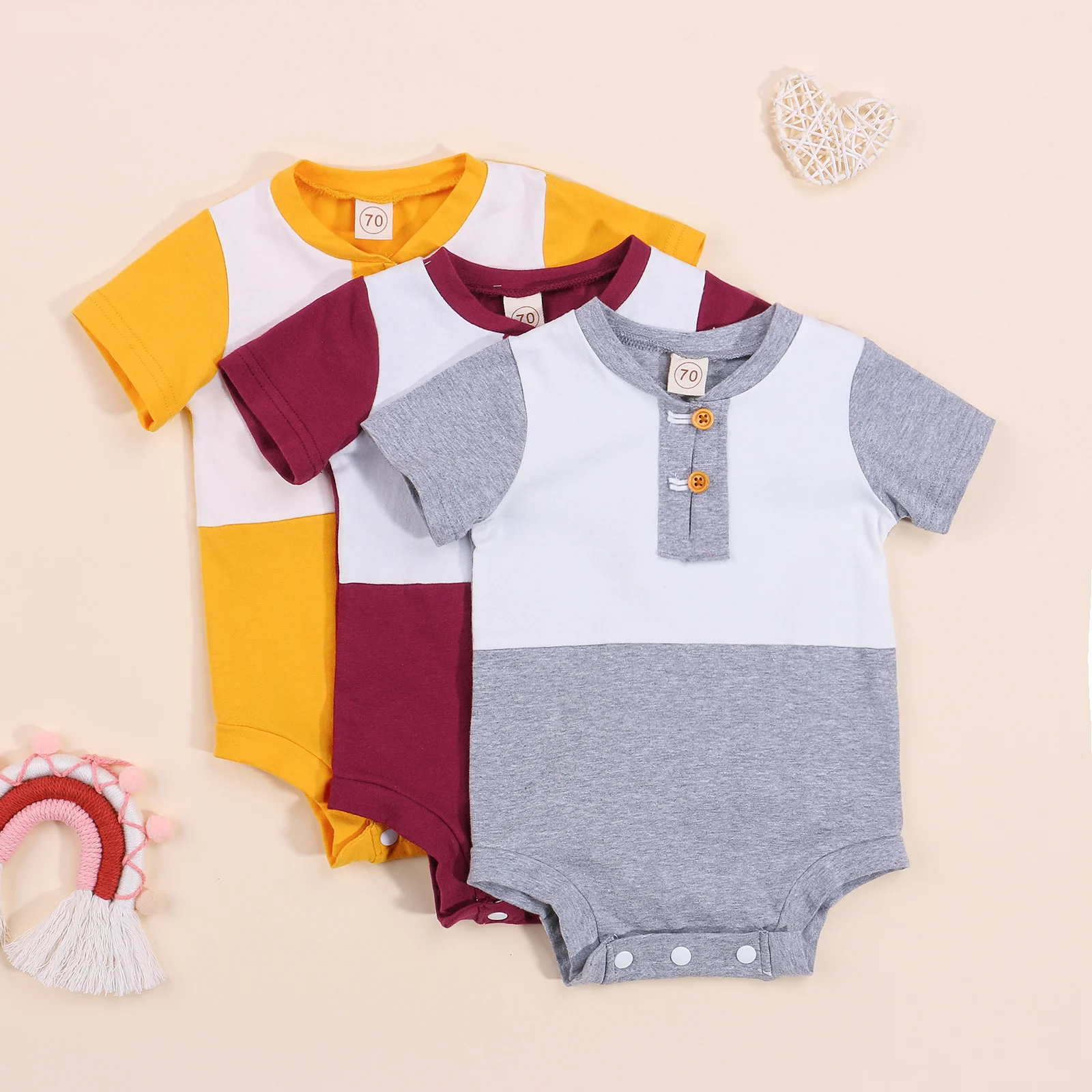 

Baby Summer Rompers Match Color Round Neck Short Sleeves Jumpsuit with Crotch Buttons for Toddlers 0-18 Months