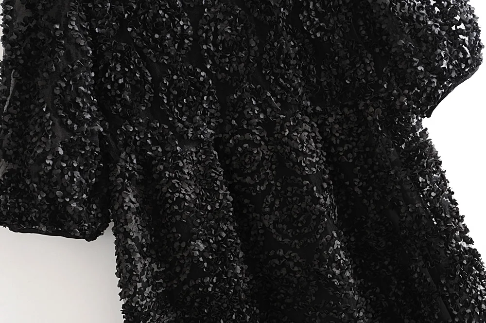 Star firefly casual western puff sleeve round neck openwork lace Za long dress female loose stitching dress women