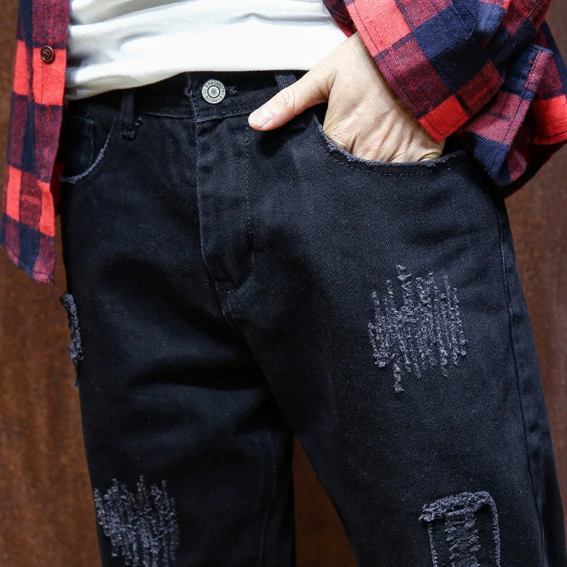 

Autumn/winter Fashion Wind Black Jeans men's And Feet Beggar Whiskers To Youth Pants Pants Hole In Male