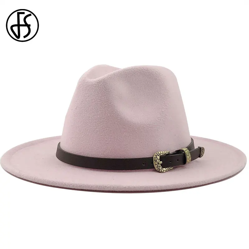 

FS Black White Wide Brim Fedoras Hat For Men Women Leather Church Derby Top Hat Panama Solid Felt Wool Blend Trilby Jazz Caps