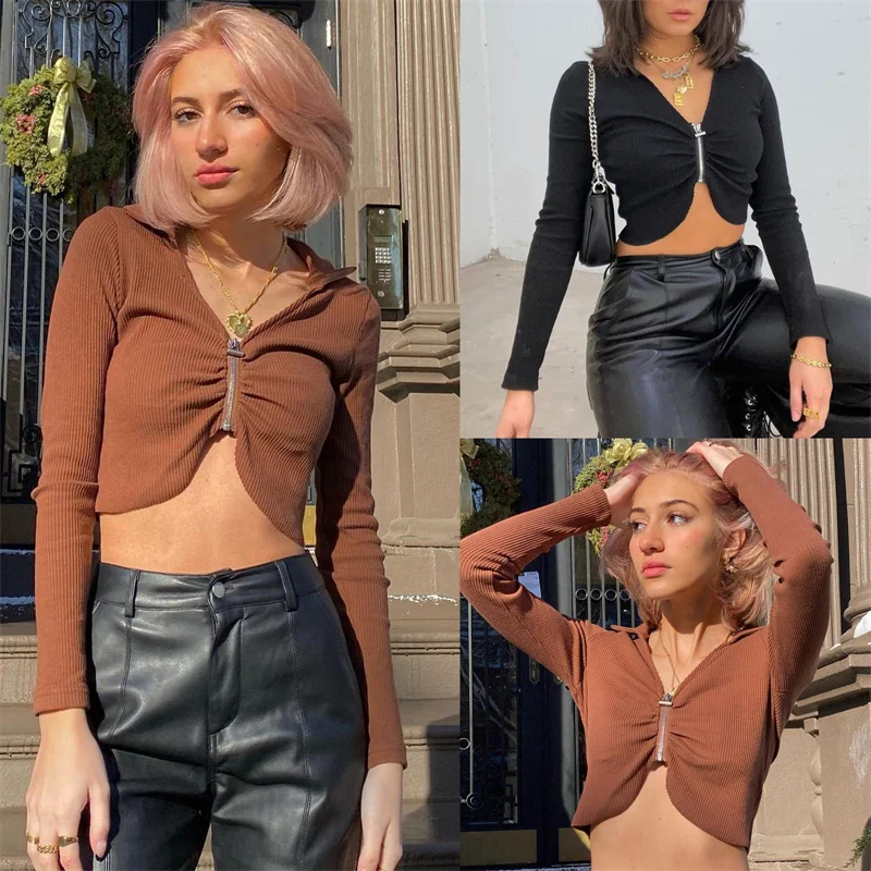 

Thorn Tree Women Sexy Zip Up Cardigan Sweater Crop Top 2021 Fashion Long Sleeve V-neck Solid Color Ruched Ribbed Knitted Sweater