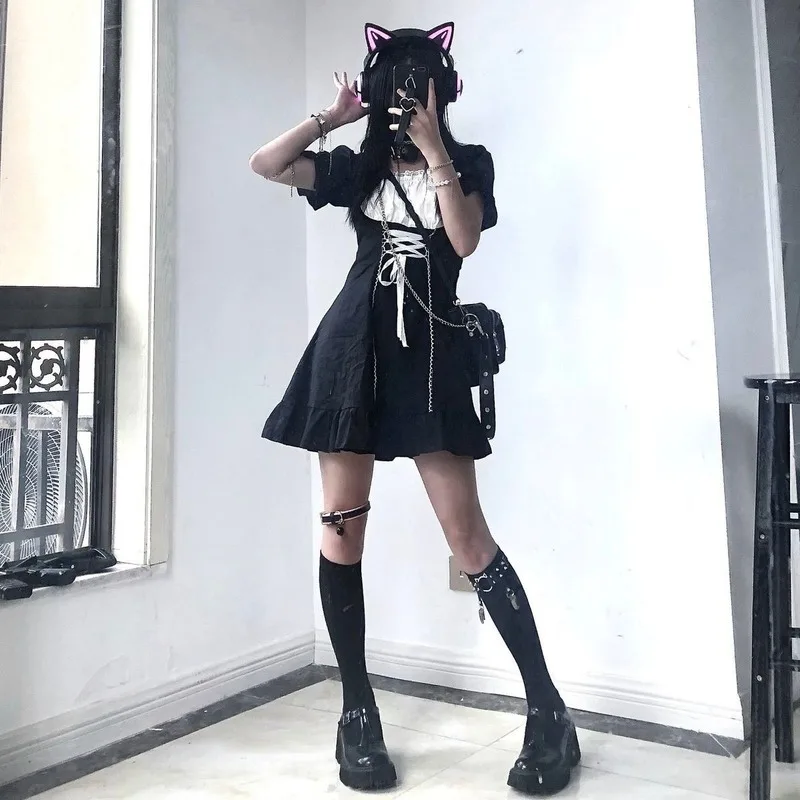 

Goth Maid Dress Kawaii Gothic Milkmaid Lolita Outfit Cosplay Costume E Girl Puff Sleeve Bandage Dress 2021 Mall Goth Emo