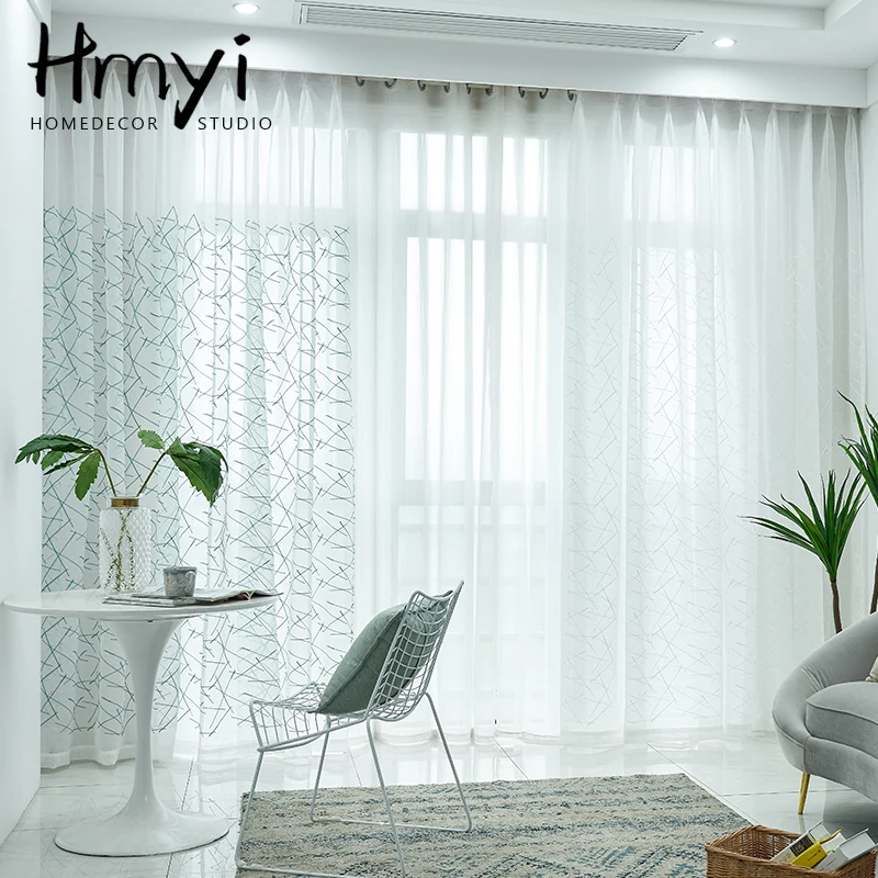 

Modern White Geometry Tulle Curtains For Living Room Striped Voile Sheer Curtains For Bedroom Window Curtains Decoration Custom