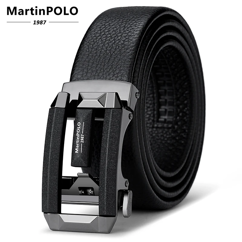 

MARTINPOLO Men Belt Genuine Leather Belt Male Waist Cowhide Strap Automatic Buckle black Belts For men cinturon hombre MP3301P