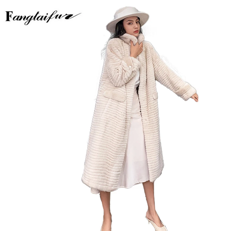 

Ftangaiur Winter Imported Velvet Mink Fur Overcoats For Femal Turn-Down Collar Mink Coat Women's X-Long Real Fur Coats