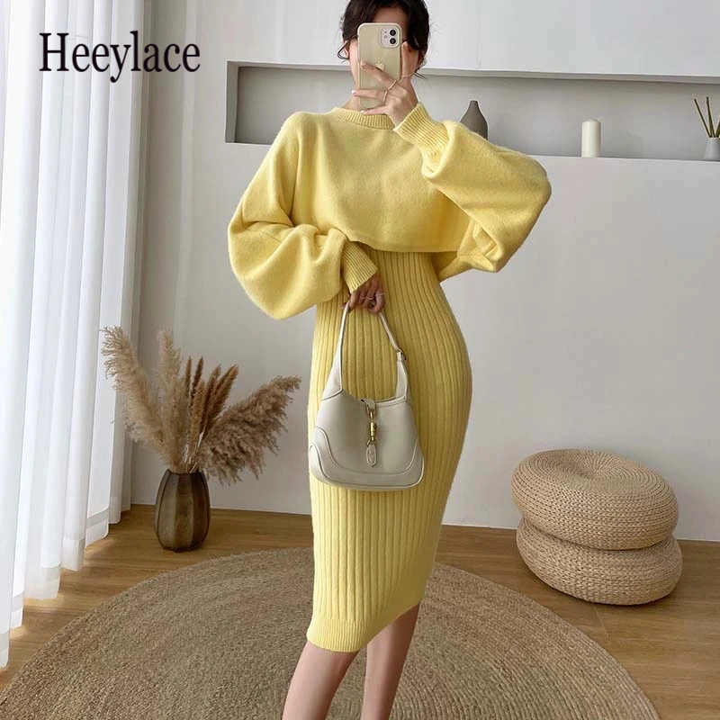 

Autumn Knitted Sweater Batwing Sleeve Two Piece Set Women Fashion Warm Sweater Pullover Dress Femme Clothes
