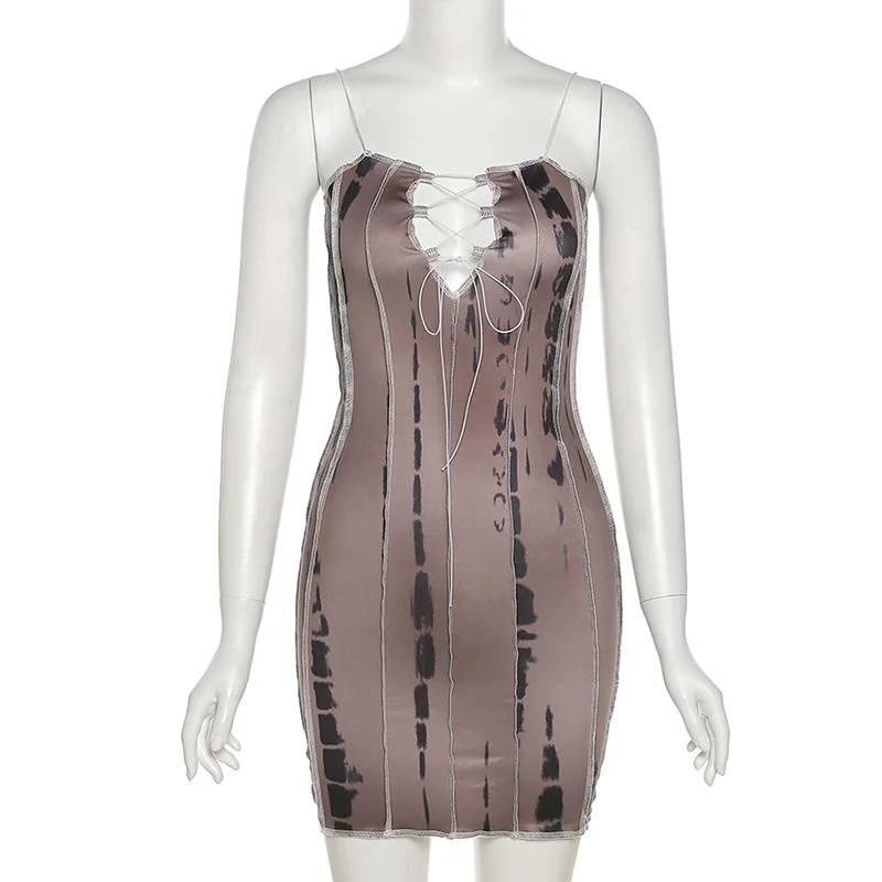 

Tie Dye Print Strapless Tube Dress Front Lace-up Slim Fit Bodycon Party Clubwear Outfits Y2K Dresses For Women Summer Streetwear