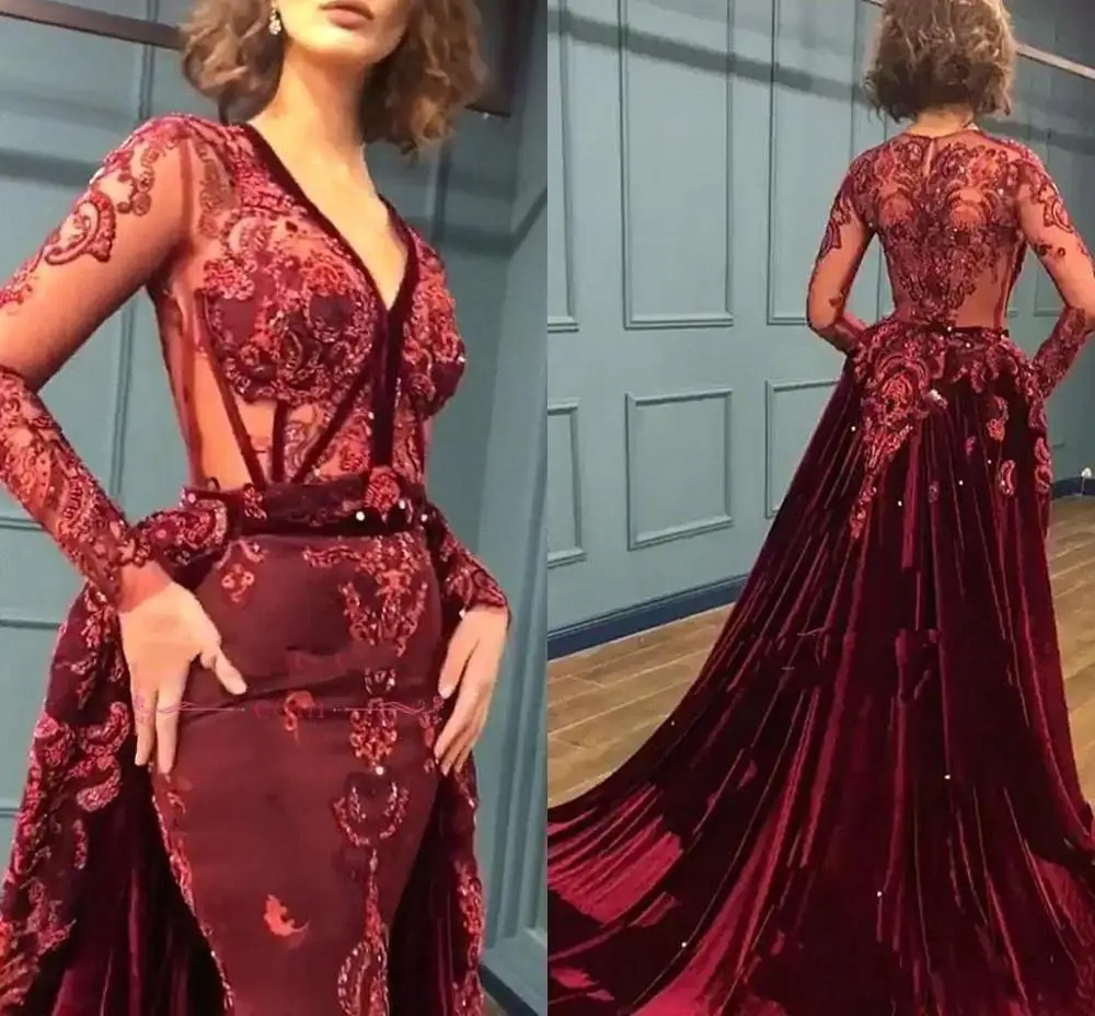 

2021 Designer Burgundy Prom Dresses V Neck Illusion Bodice Overskirt Velvet Evening Party Gowns Long Sleeves Sequins Formal Wear
