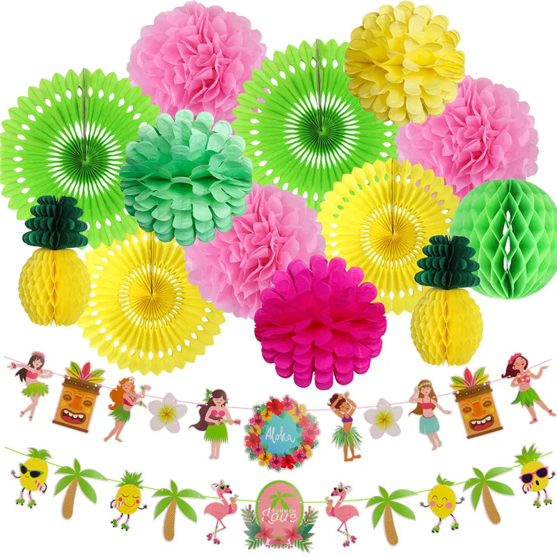 Green yellow pink Тропический Розовый фламинго вечерние вафельная ткань декоративная ткань бумажный веер в виде цветка Бумага фонари для Гавайский Летний пляж Луау Вечерние - Цвет: Green yellow pink
