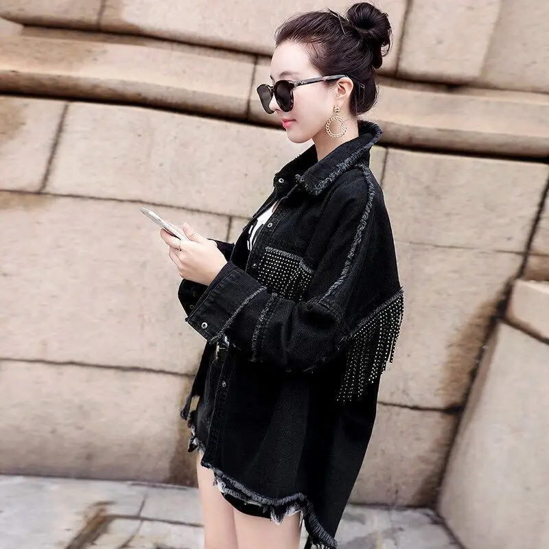 Женская джинсовая куртка с бахромой MAZEROUT черная Свободная на пуговицах уличный