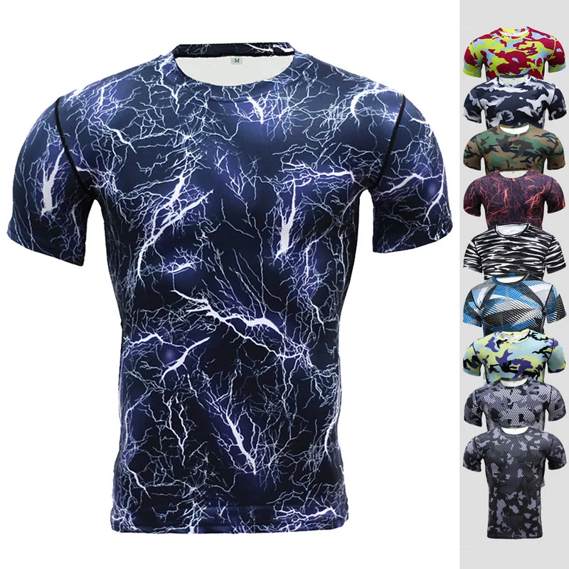 

Камуфляжная быстросохнущая футболка для бега, мужская летняя облегающая компрессионная эластичная Спортивная рубашка с коротким рукавом ...
