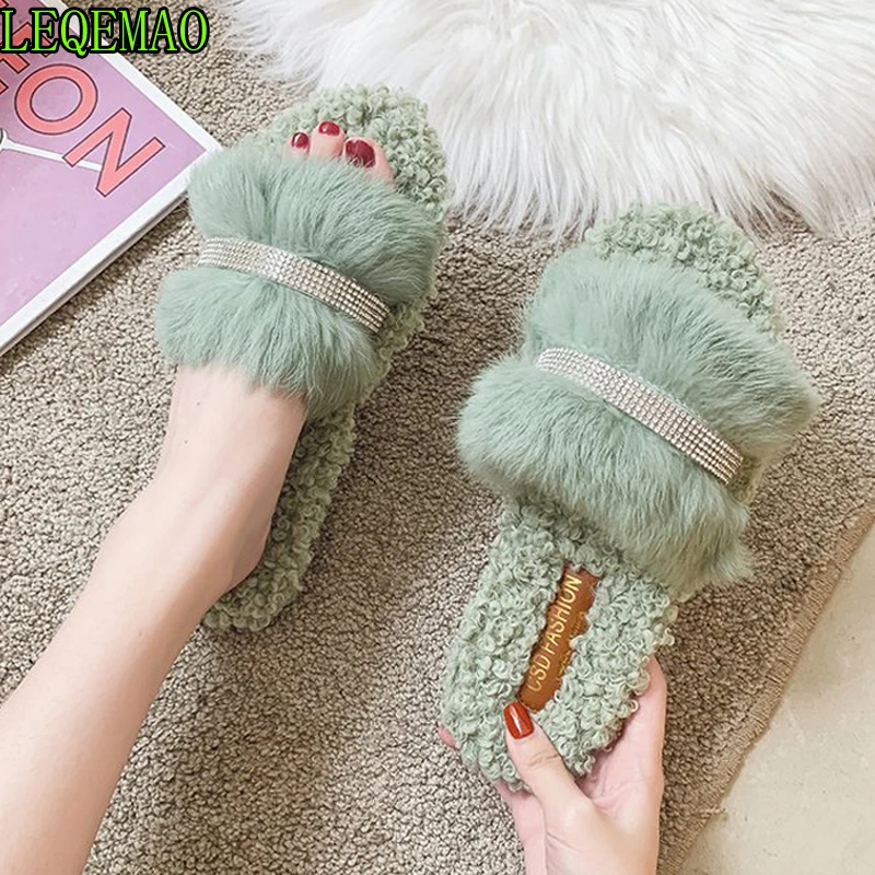 Модные женские тапочки Домашние плюшевые женская обувь на плоской подошве