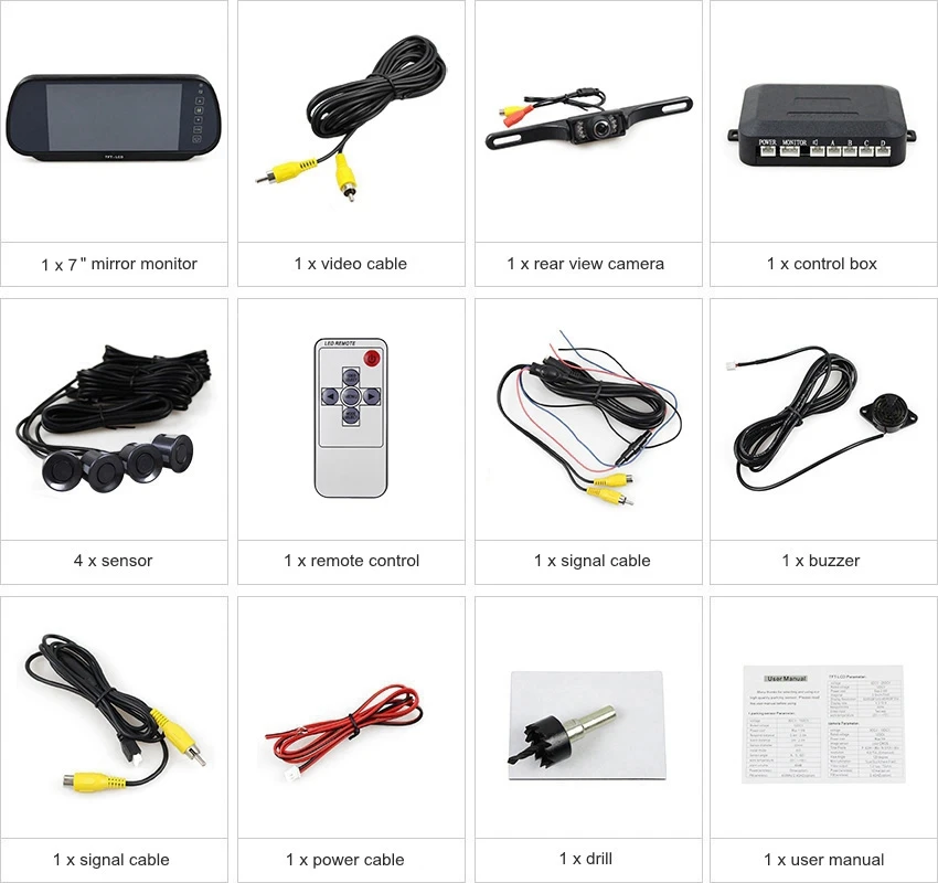 DIYKIT 7 дюймов зеркало заднего вида автомобиля монитор+ 18 цветов видео-радар для парковки+ IR Автомобильная hd-камера Система помощи при парковке