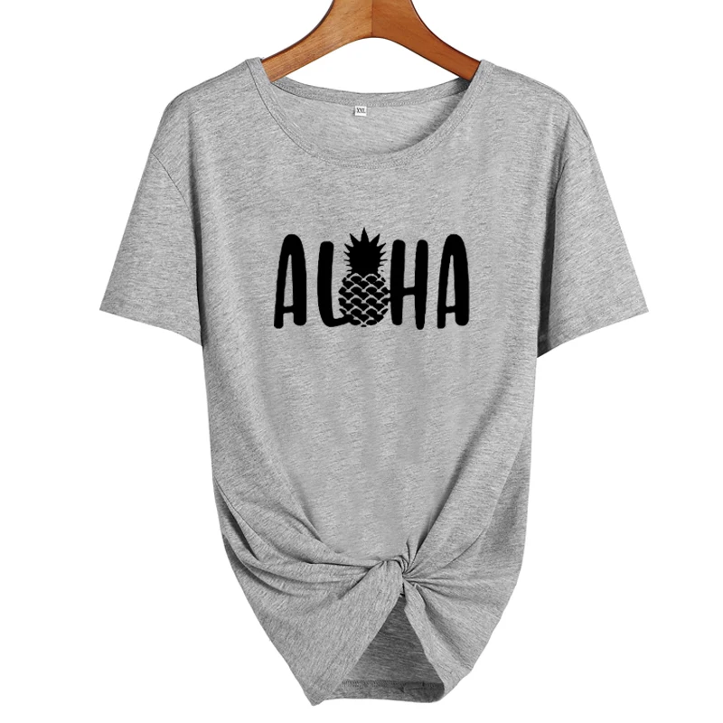 Надпись "Алоха Гавайи" Harajuku tumblr футболка летние хлопковые топы женские футболки с принтом ананаса каникулы Графические футболки черные белые футболки - Цвет: gray-black