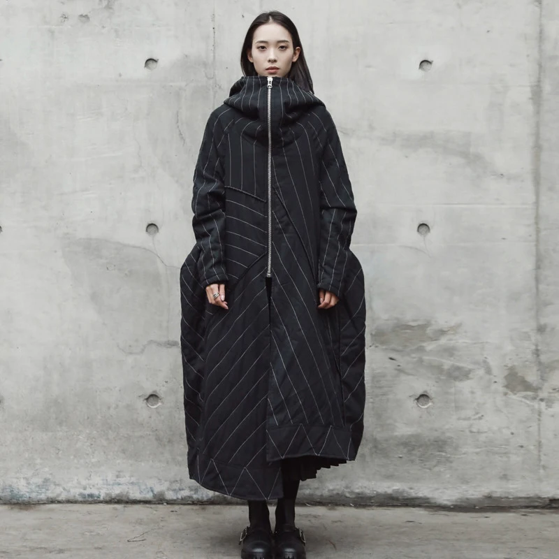 [EAM] длинное пальто с капюшоном в черную полоску разрезом хлопковой подкладкой