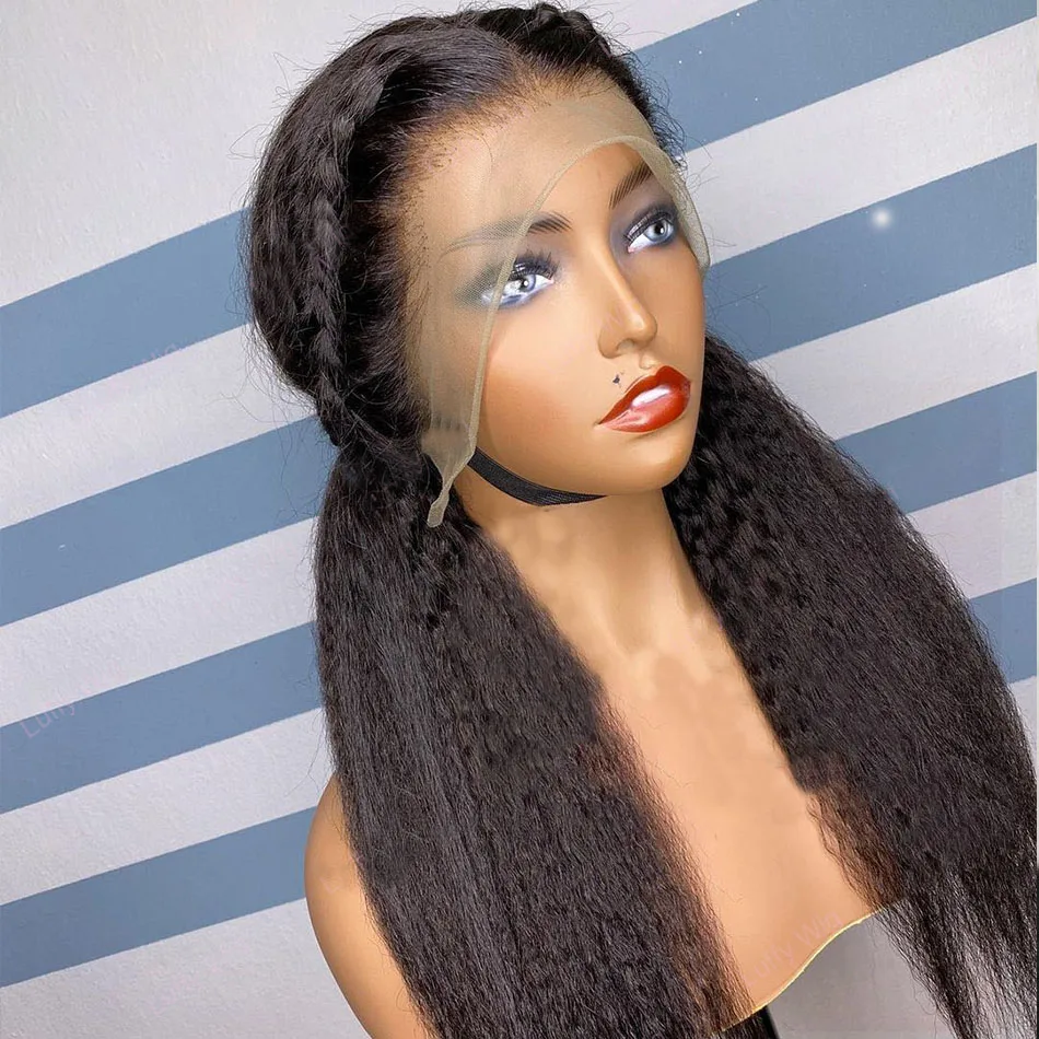 

180% Density Natural Yaki 28 Inch Kinky Straight 13x4 Lace Front Synthetic Hair Wigs With Baby Hair Pre Plucked Daily Wear Black