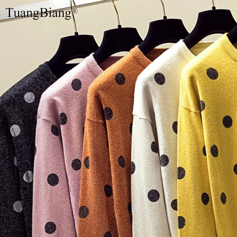 Female Loose Shiny Lurex Knit Thick Sweater Women autumn Winter Long Sleeve Pullovers Femme Round neck Soft Dot Tops jumper 2019 | Женская