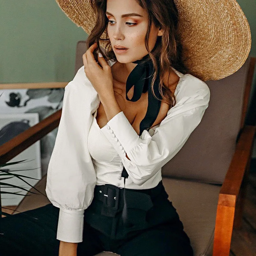 Женская белая туника с квадратным вырезом IEMUH элегантная летняя блузка пышными