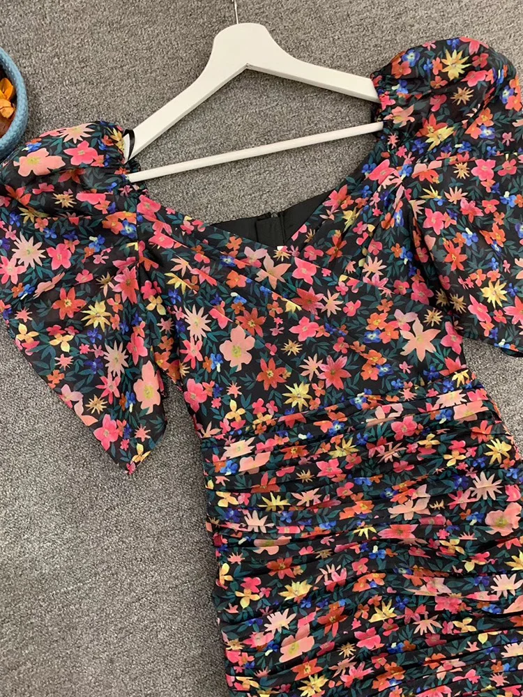 Svoryxiu сексуальный V Воротник Ruched Bodycon Летние вечерние мини платья женские пышные с коротким рукавом цветочный принт посылка ягодицы платье