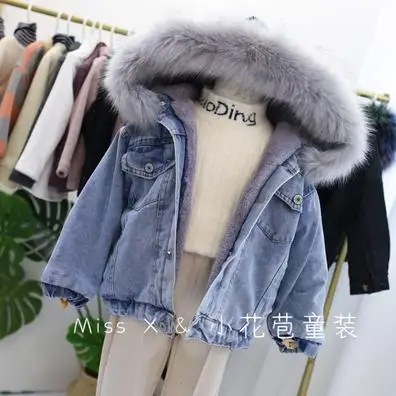 grey fur collar Коллекция года, зимние джинсовые утепленные куртки для девочек вельветовые пальто с кроличьим мехом теплая верхняя одежда для малышей Детская куртка Modis Y2101 - Цвет: grey fur collar