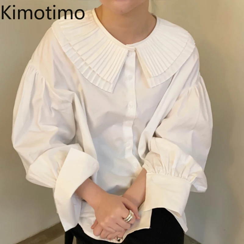 

Kimotimo Solid Shirts Women Korean Peter Pan Collar Simplicity Tops French Single Breasted Loose Lantern Sleeve Blouse Designer