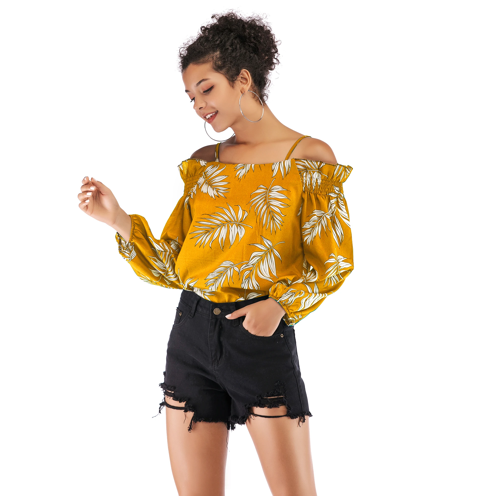 Высокая уличная Весенняя шифоновая рубашка с открытыми плечами и