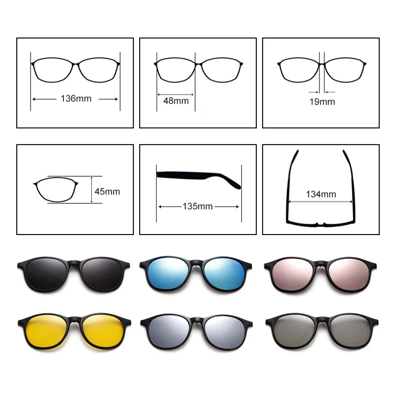 TWO Oclock Magnet Sunglass Women Men Polarized Lens Optical Spectacle Frame Clip On Glasses Men Round TR90 3D Night Vision A2245
