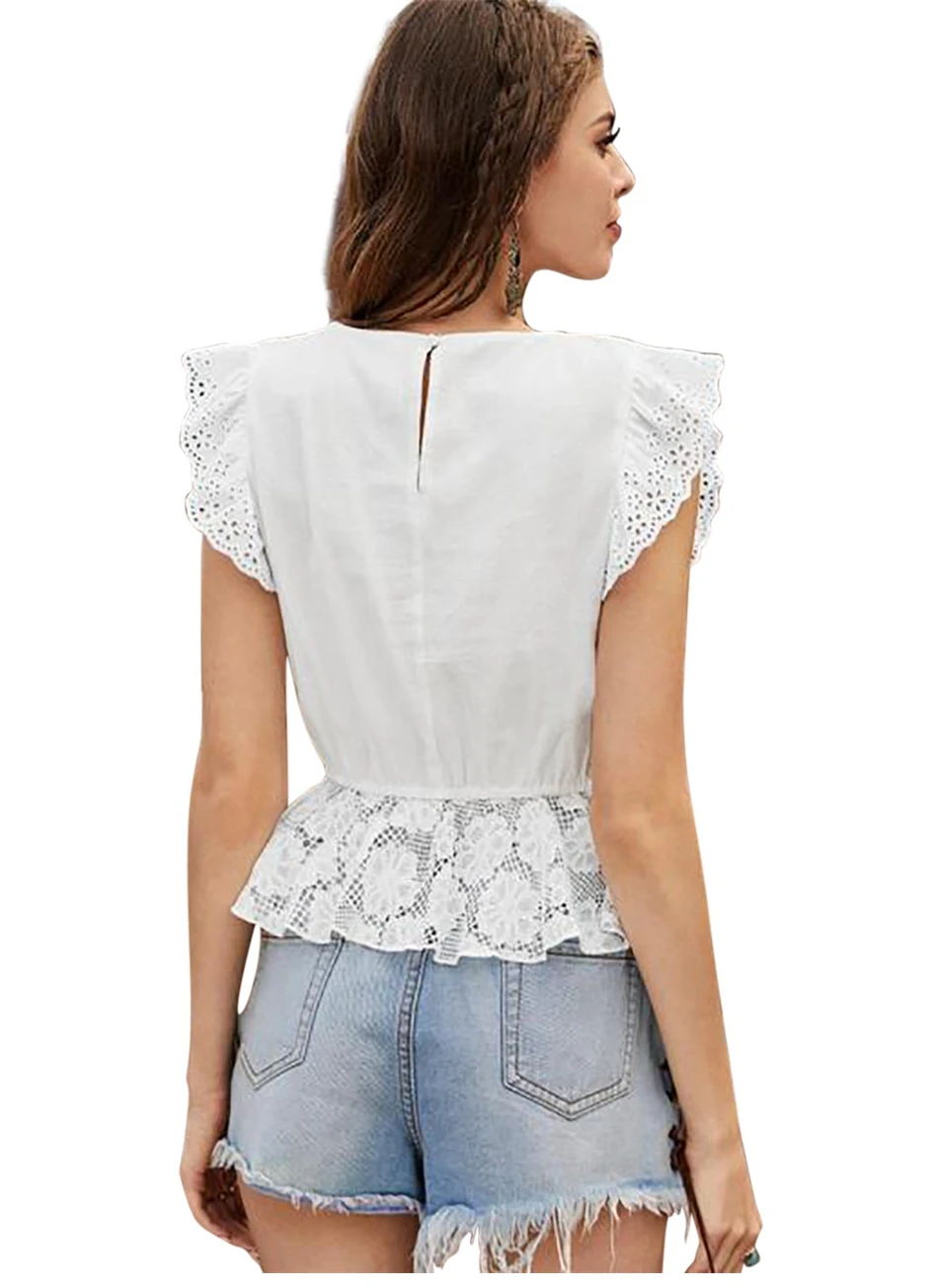 

2020 Sexy Lace Tops Women O-neck Casual Short Solid Sleeveless Shirt Top