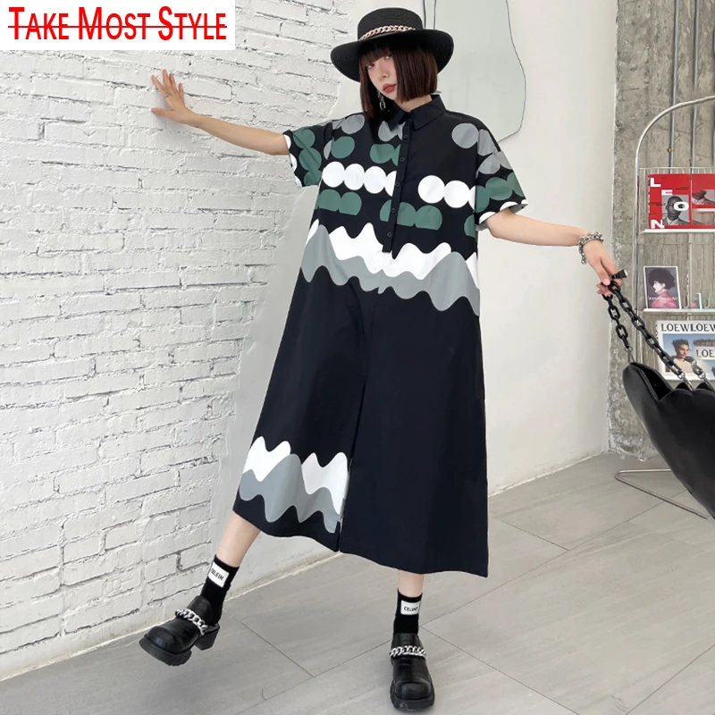 

Loose Fit Women White Pattern Printed Long Jumpsuit New High Waist Pocket Stitch Pants Fashion Spring Summer 2021