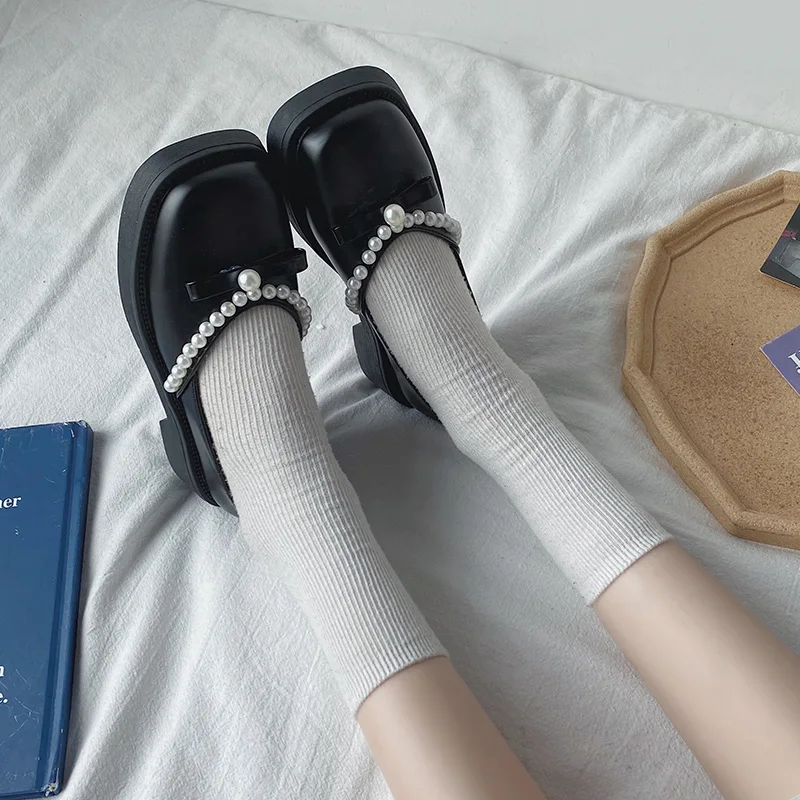 

Shoes Woman Flats Shallow Mouth Square Toe Elegant Oxfords Low Heels Bow-Knot Pearl Decorateion Modis Casual Female Sneakers Dre