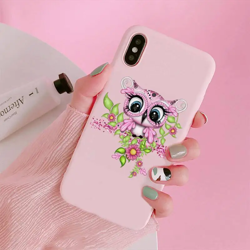 

Cute Cartoon Owl Phone Case For iphone 12 11 Pro Max Mini XS 8 7 6 6S Plus X SE 2020 XR Matte Candy Pink Silicone cover