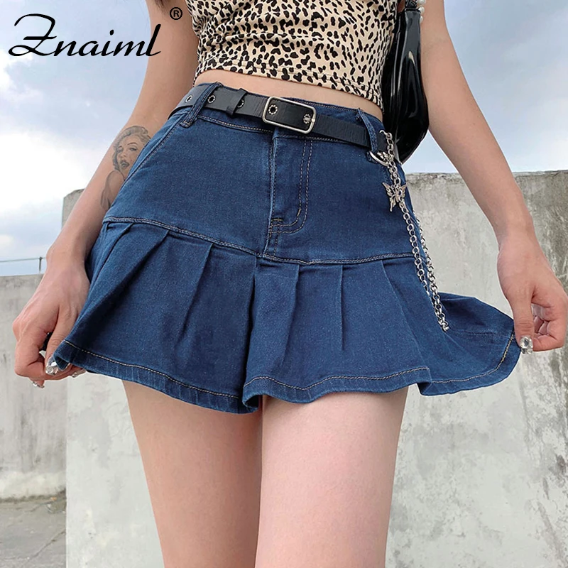 

Znaiml England Style Harajuku Y2K Denim Mini Pleated Skirt Women 2021 Summer High Waist Jeans Shorts Skirts Girls Ruffles Skirt