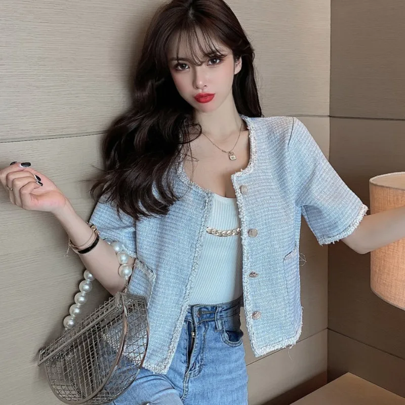 

2021 Korean Summer Women Single-breasted Tweed Cardigan Coat Elegant Vintage Round Neck Short Sleeve Casual Outwear