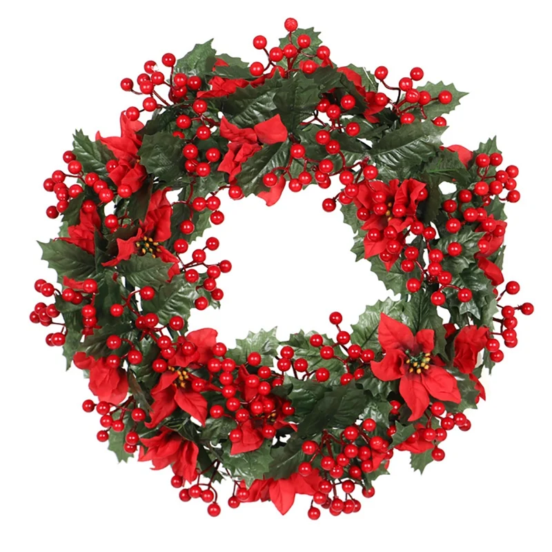 

Artificial Christmas Flower Wreath with Berry Leaf for Front Door Wall Window Farmhouse Home Decoration