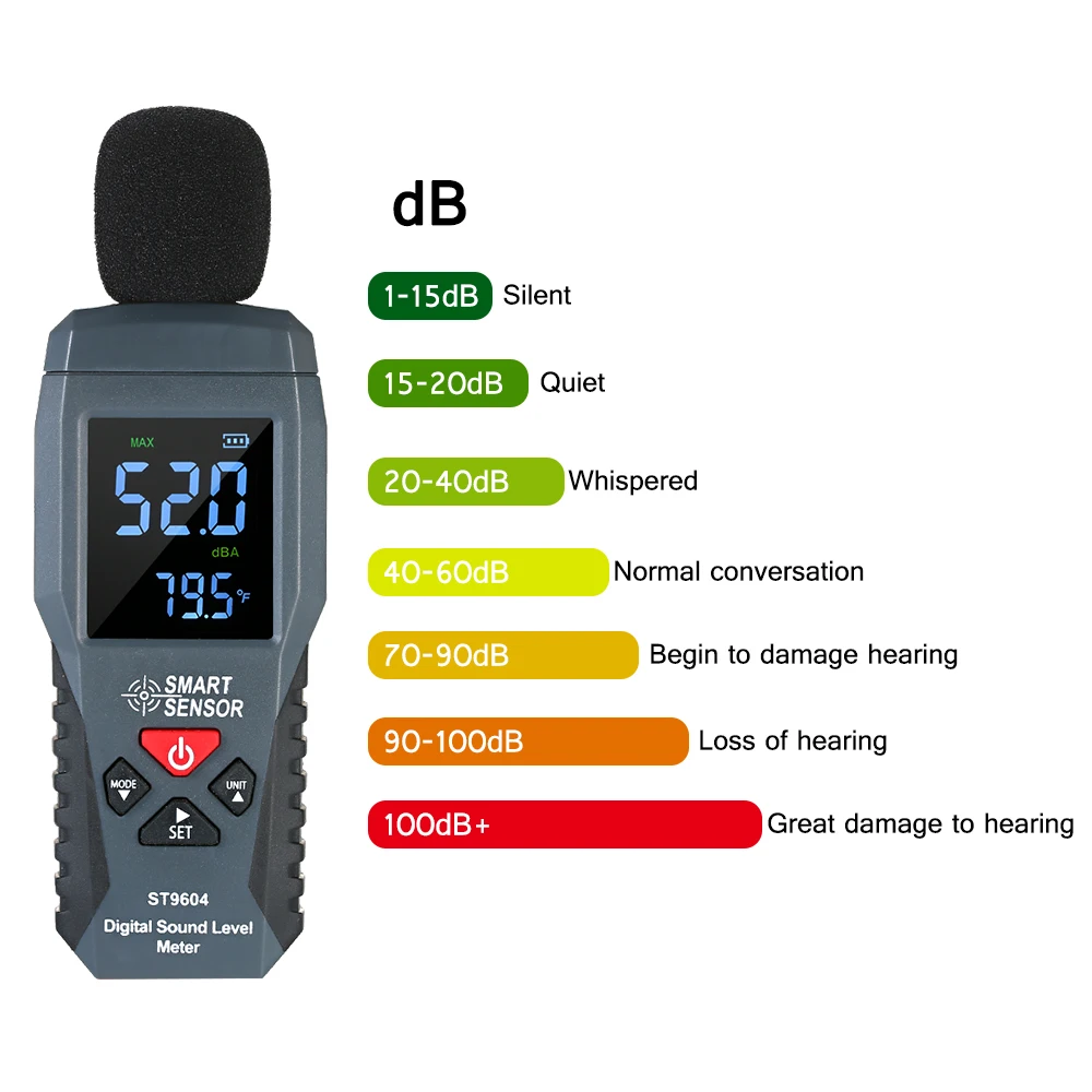 

SMART SENSOR Mini Digital Sound Level Meter LCD Display Noise Meter Noise Measuring Instrument Decibel Tester 30-130dBA ST9604