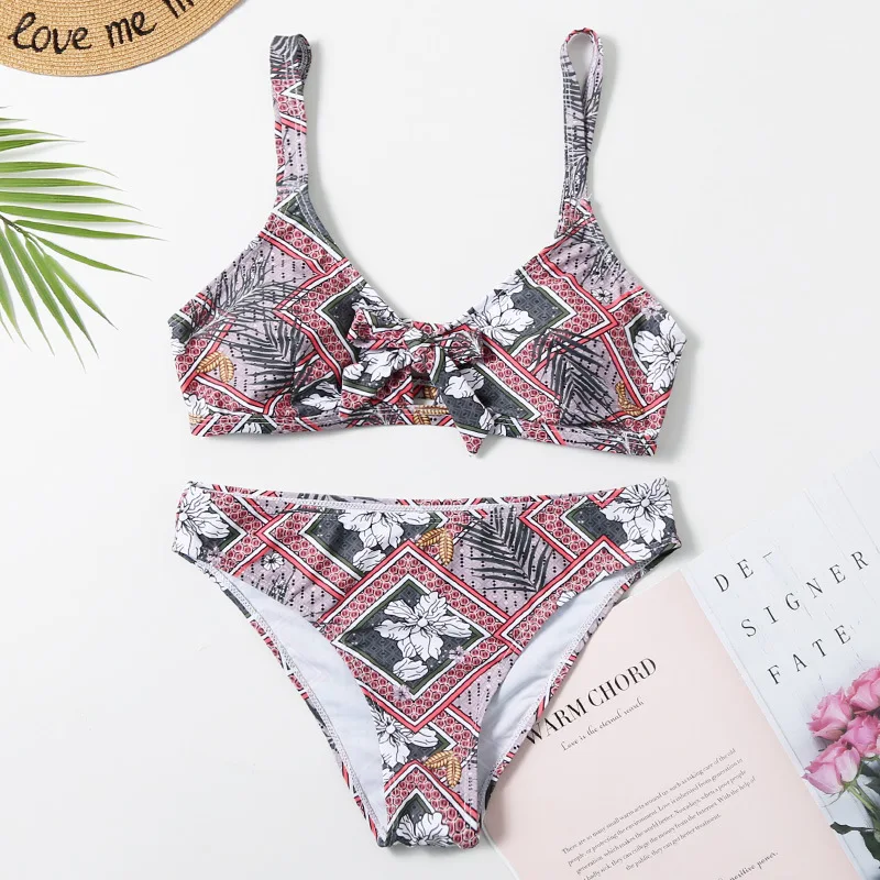 2020 бикини с бантом и цветочным принтом женские купальники высокими штанинами