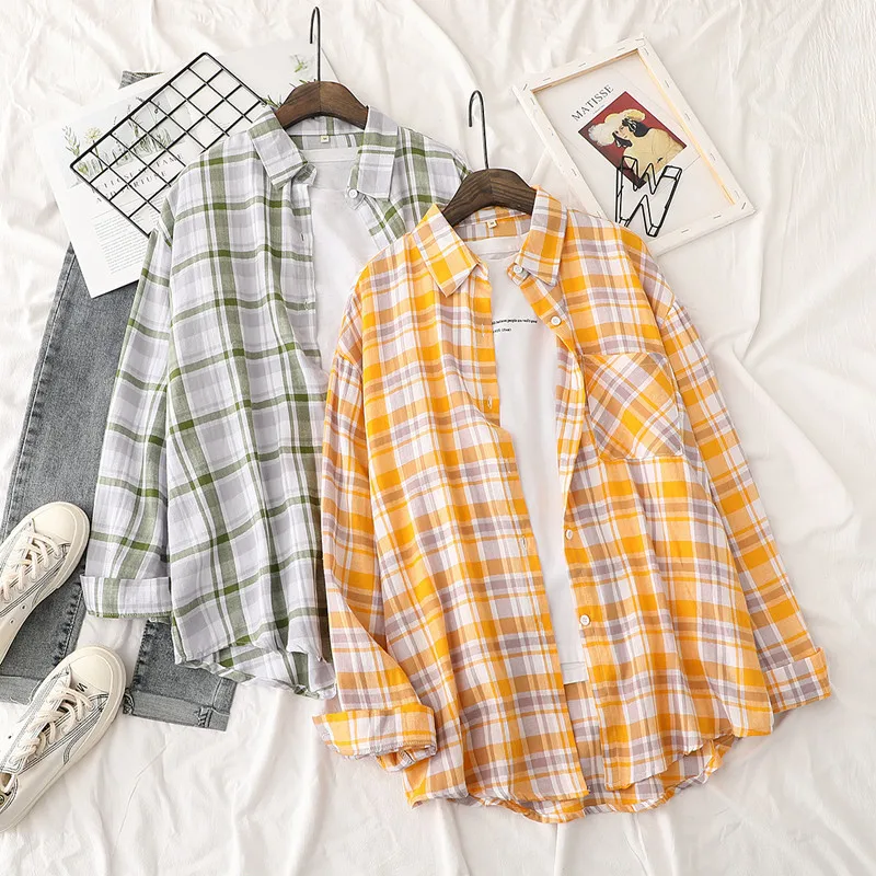 Качественная тонкая хлопковая свободная клетчатая рубашка средней и длинной