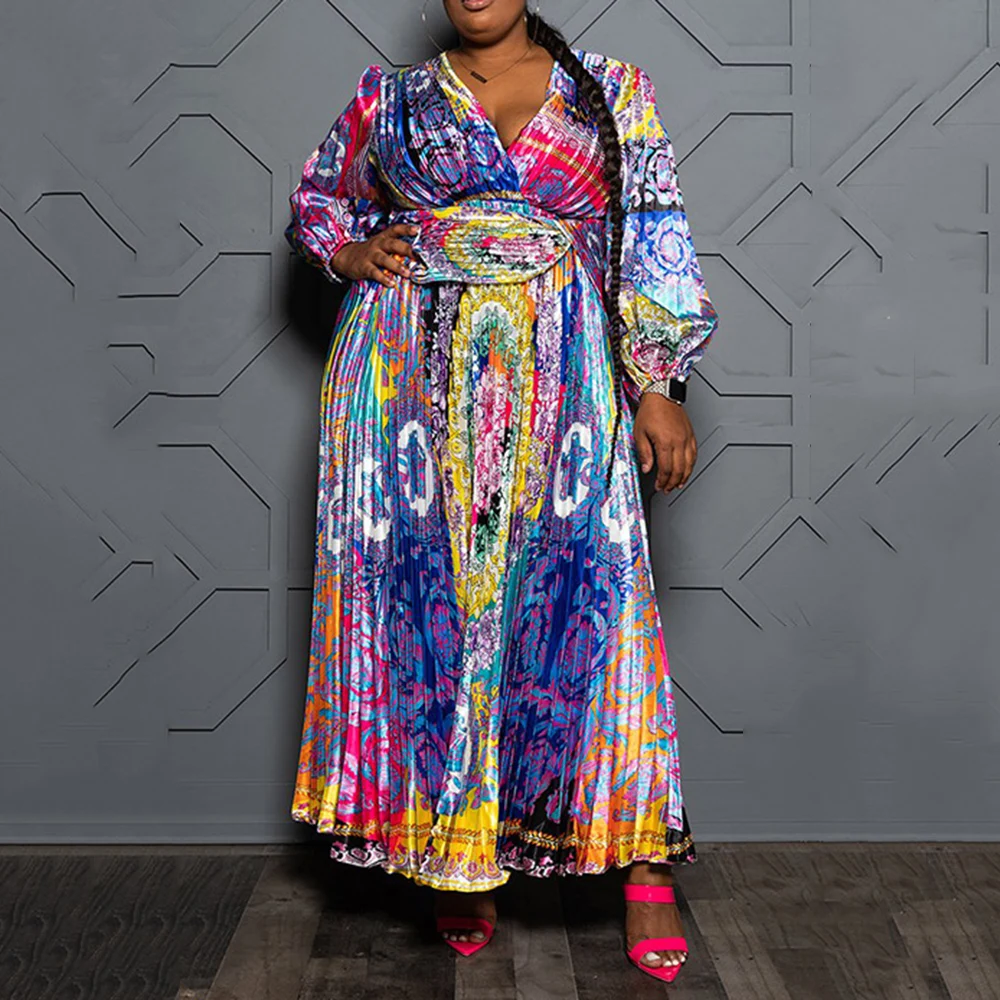 

Dress Women Long Casual Plus Size Clothing Autumn Long Sleeve Vintage Floral Print Maxi Large Sizes Female 4xl 5xl Pleated Dress