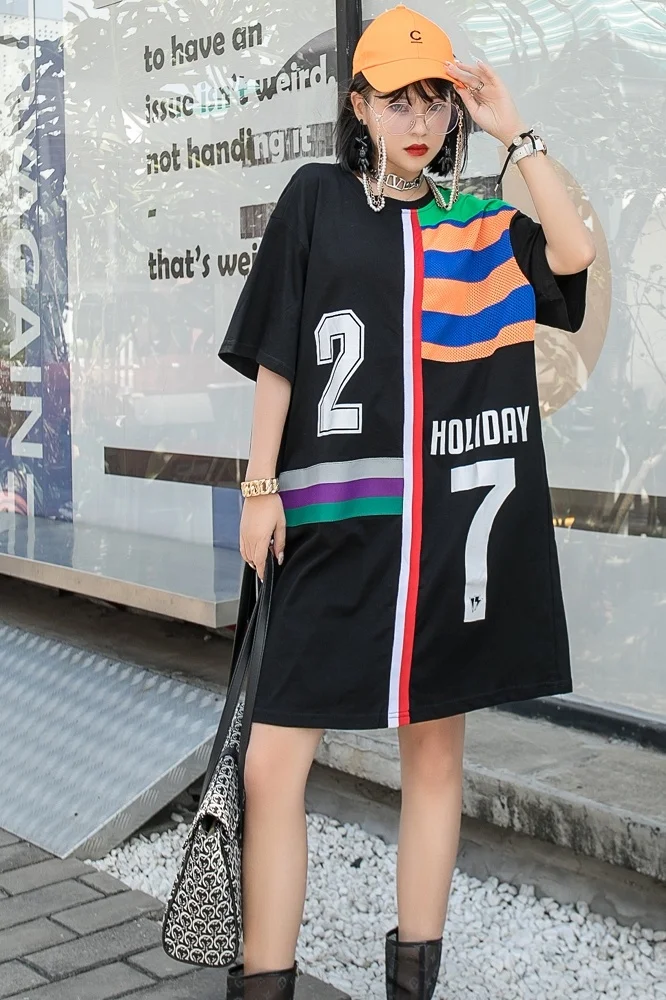 

QING MO Fashion Brand Women Plus Size Dress 2021 Women Striped Patchwork Dress Female Short Sleeve Loose Dress ZQY7419