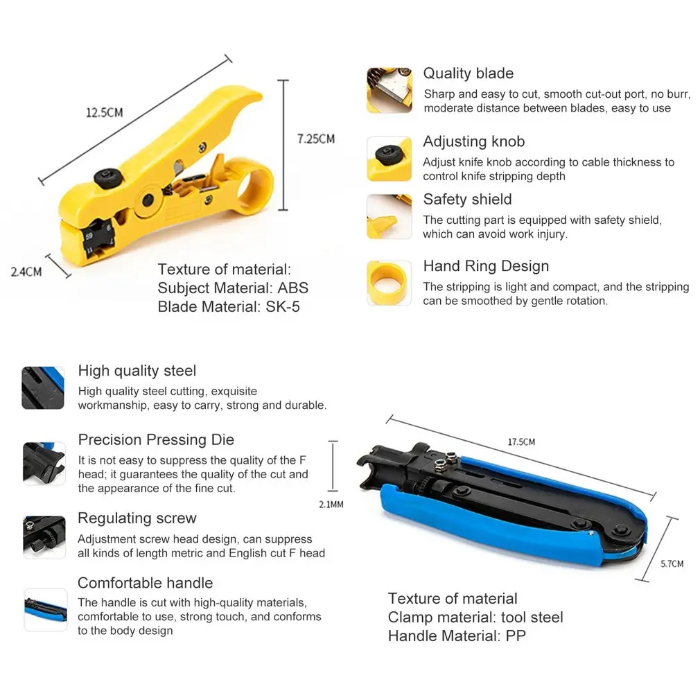 

RG6 RG59 RG11 Adjustable Coaxial Cable Crimper Stripper Compression Hand Tool Coax Cable Crimpers Strippers Tool